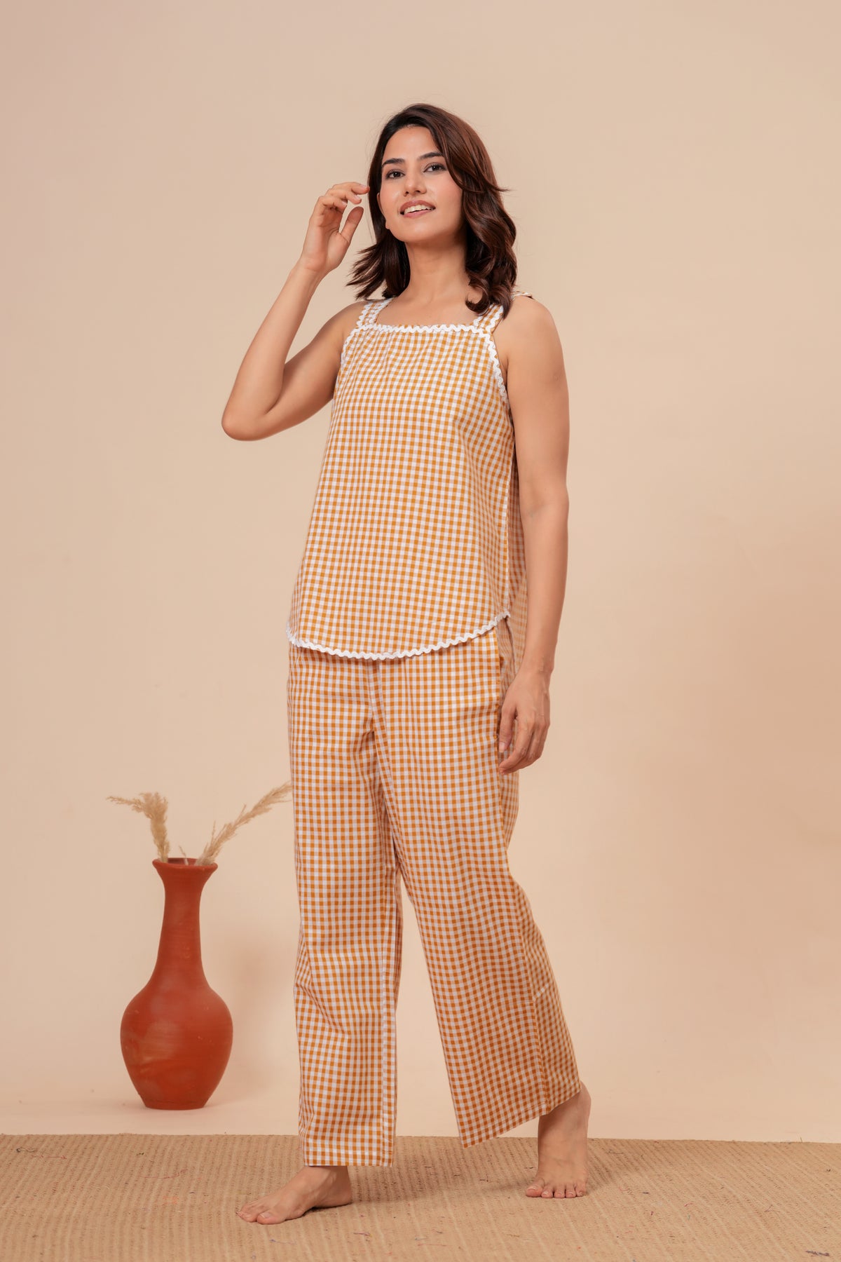 Yellow Mustard Gingham Checks Comfort Loom Pure Cotton Sleeveless Nightsuit Set By Ameerah