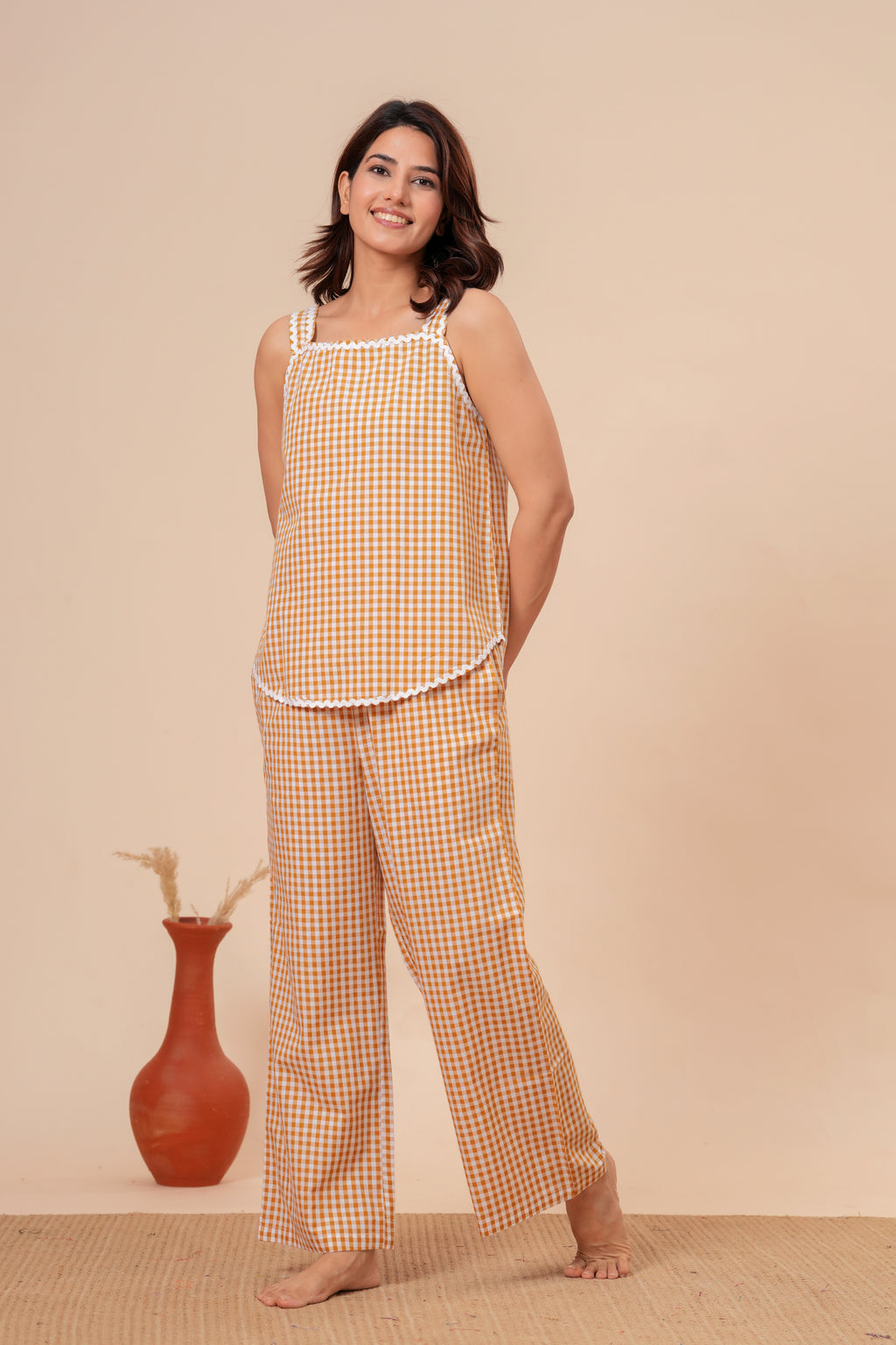 Yellow Mustard Gingham Checks Comfort Loom Pure Cotton Sleeveless Nightsuit Set By Ameerah