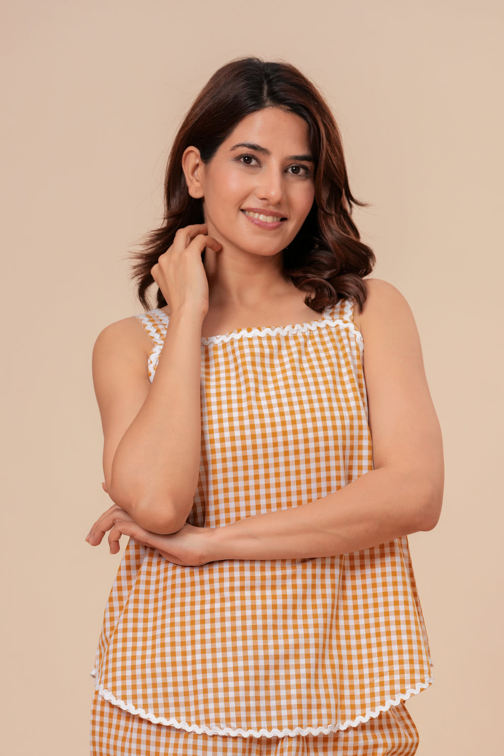 Yellow Mustard Gingham Checks Comfort Loom Pure Cotton Sleeveless Nightsuit Set By Ameerah