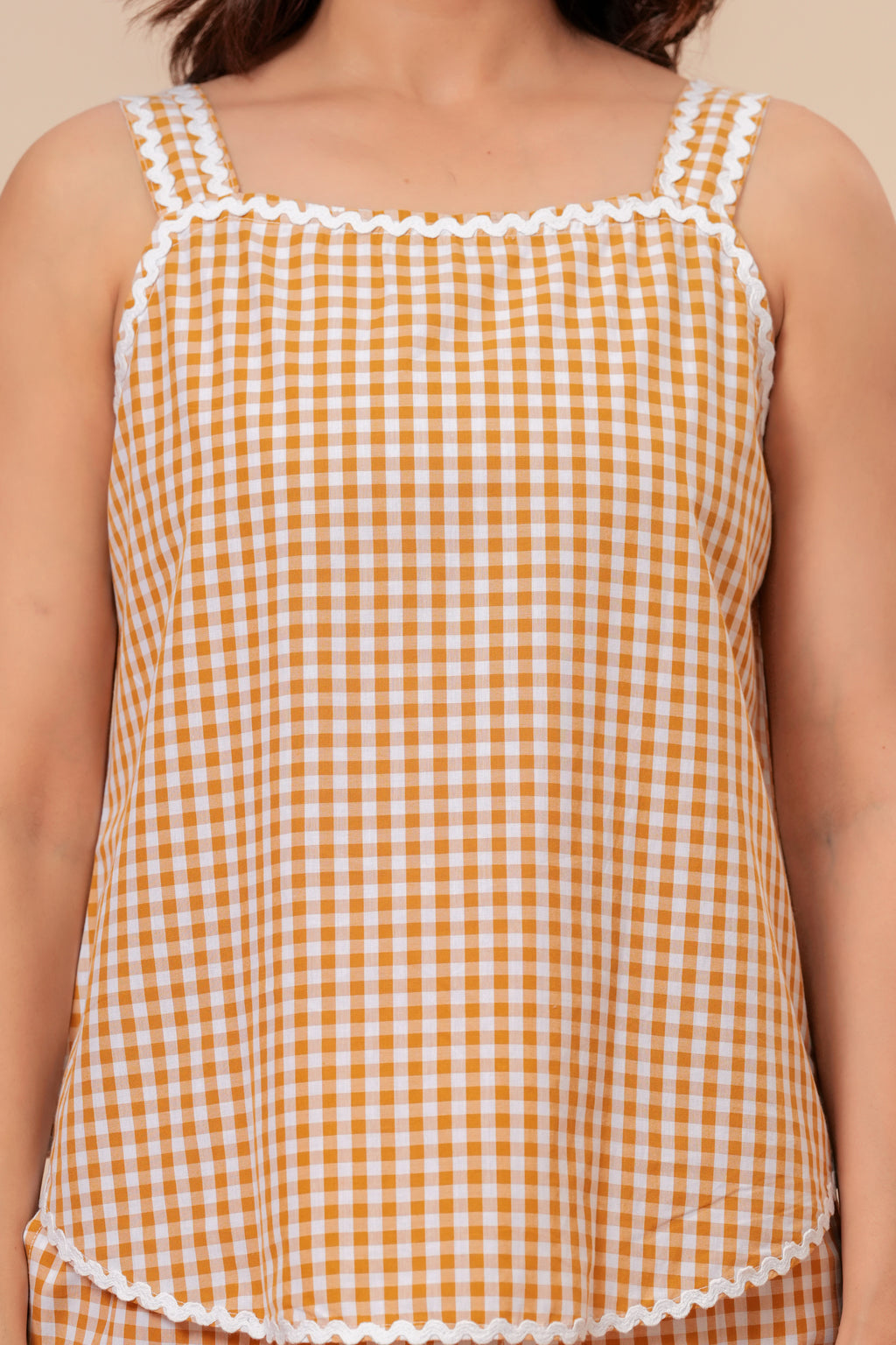Yellow Mustard Gingham Checks Comfort Loom Pure Cotton Sleeveless Nightsuit Set By Ameerah