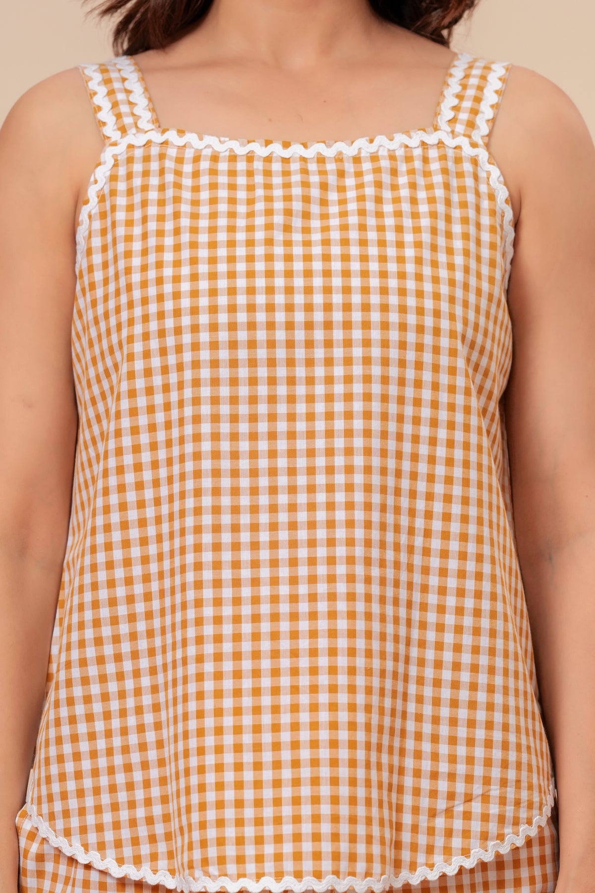 Yellow Mustard Gingham Checks Comfort Loom Pure Cotton Sleeveless Nightsuit Set By Ameerah