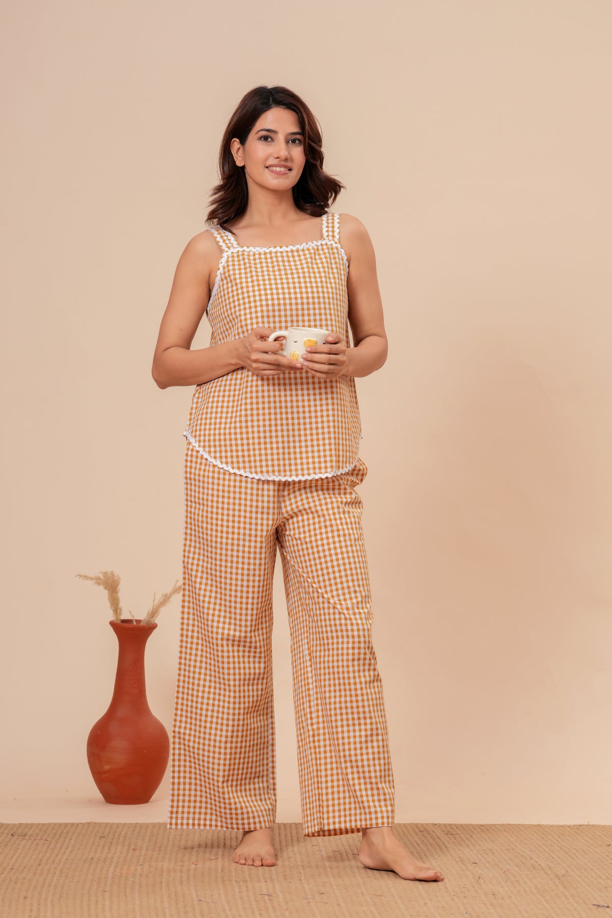 Yellow Mustard Gingham Checks Comfort Loom Pure Cotton Sleeveless Nightsuit Set By Ameerah