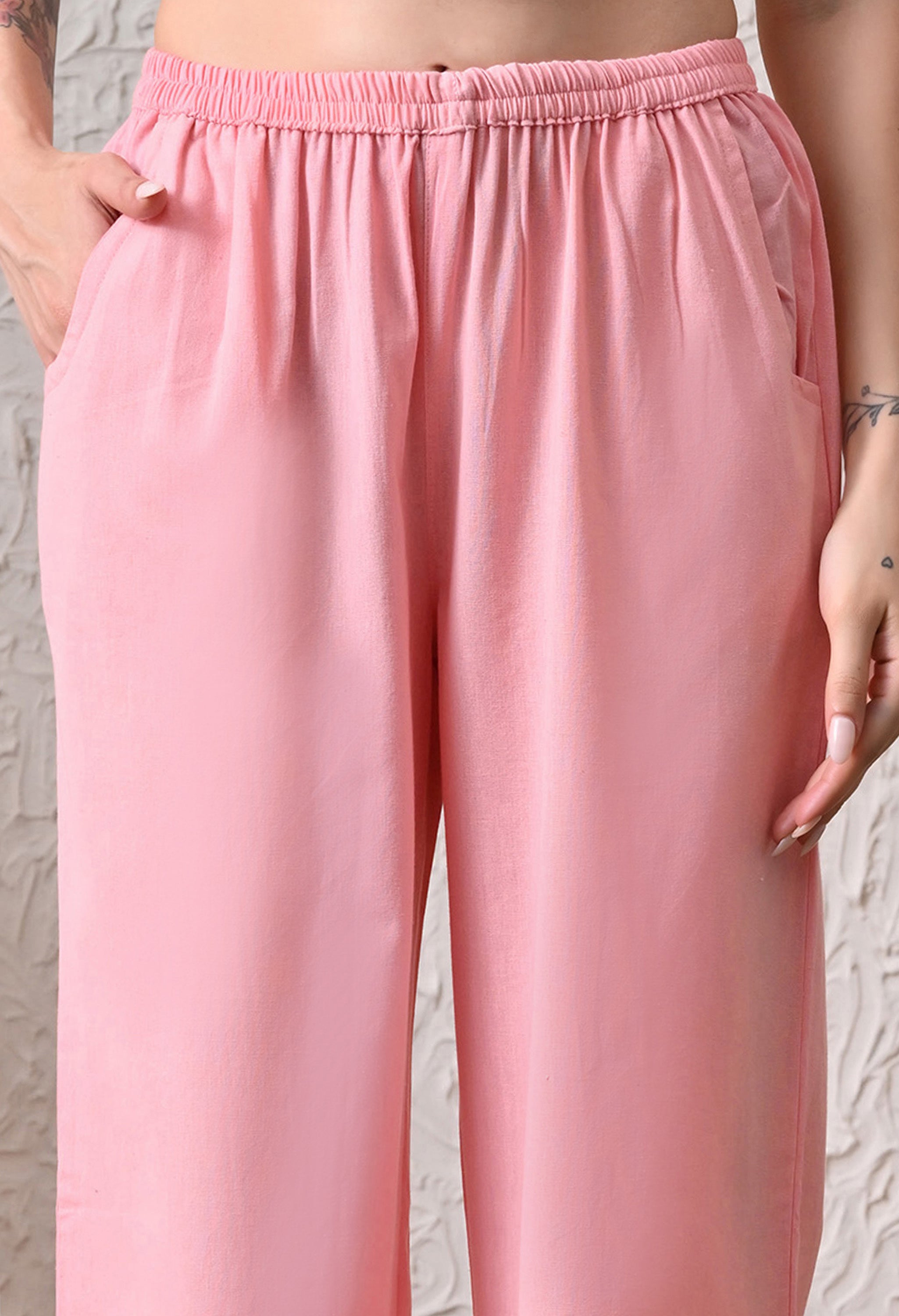 Blush Pink Solid Cotton Flex Nightsuit Set by Ameerah