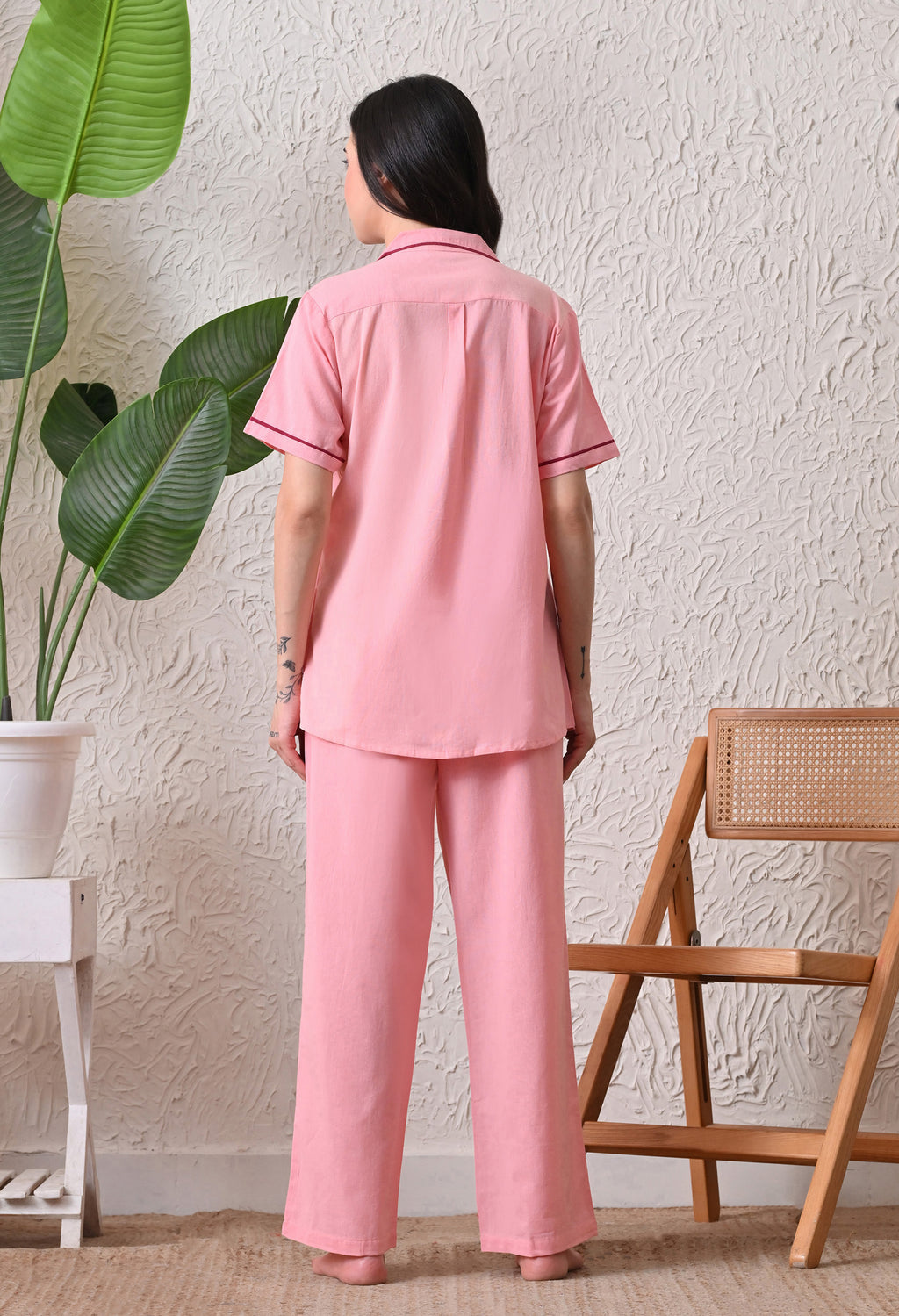 Blush Pink Solid Cotton Flex Nightsuit Set by Ameerah