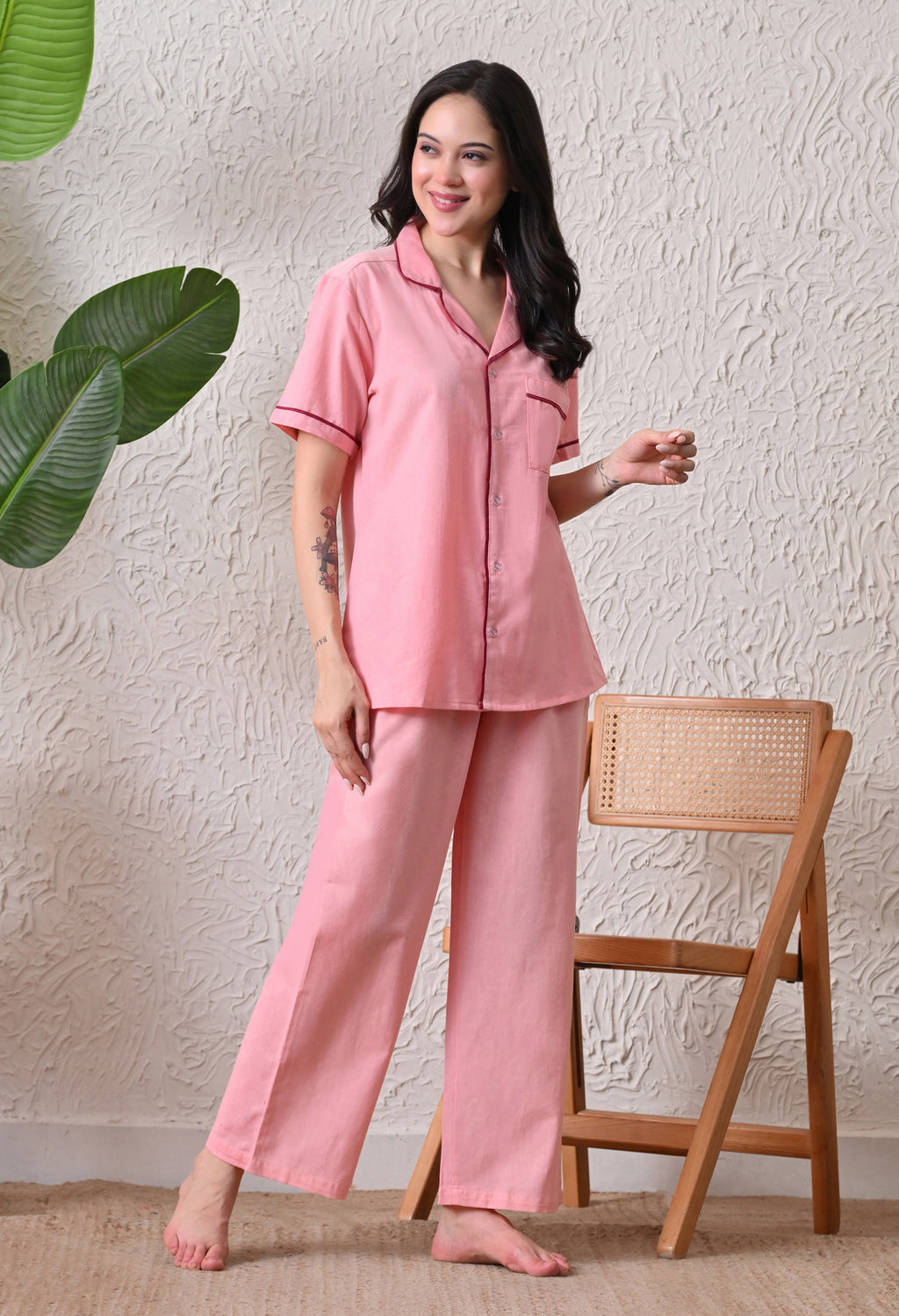 Blush Pink Solid Cotton Flex Nightsuit Set by Ameerah