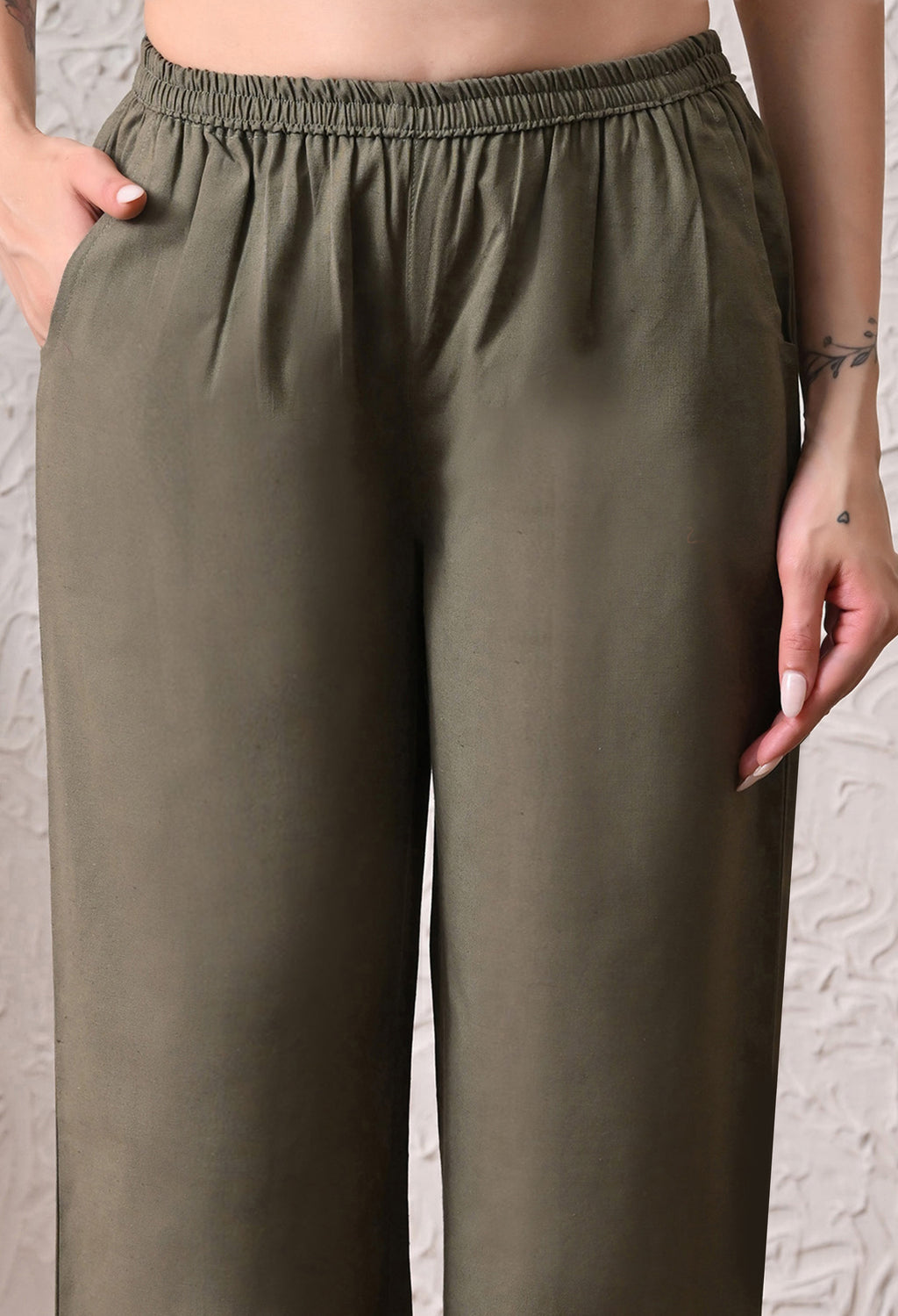 Olive Green Solid Cotton Flex Nightsuit Set by Ameerah
