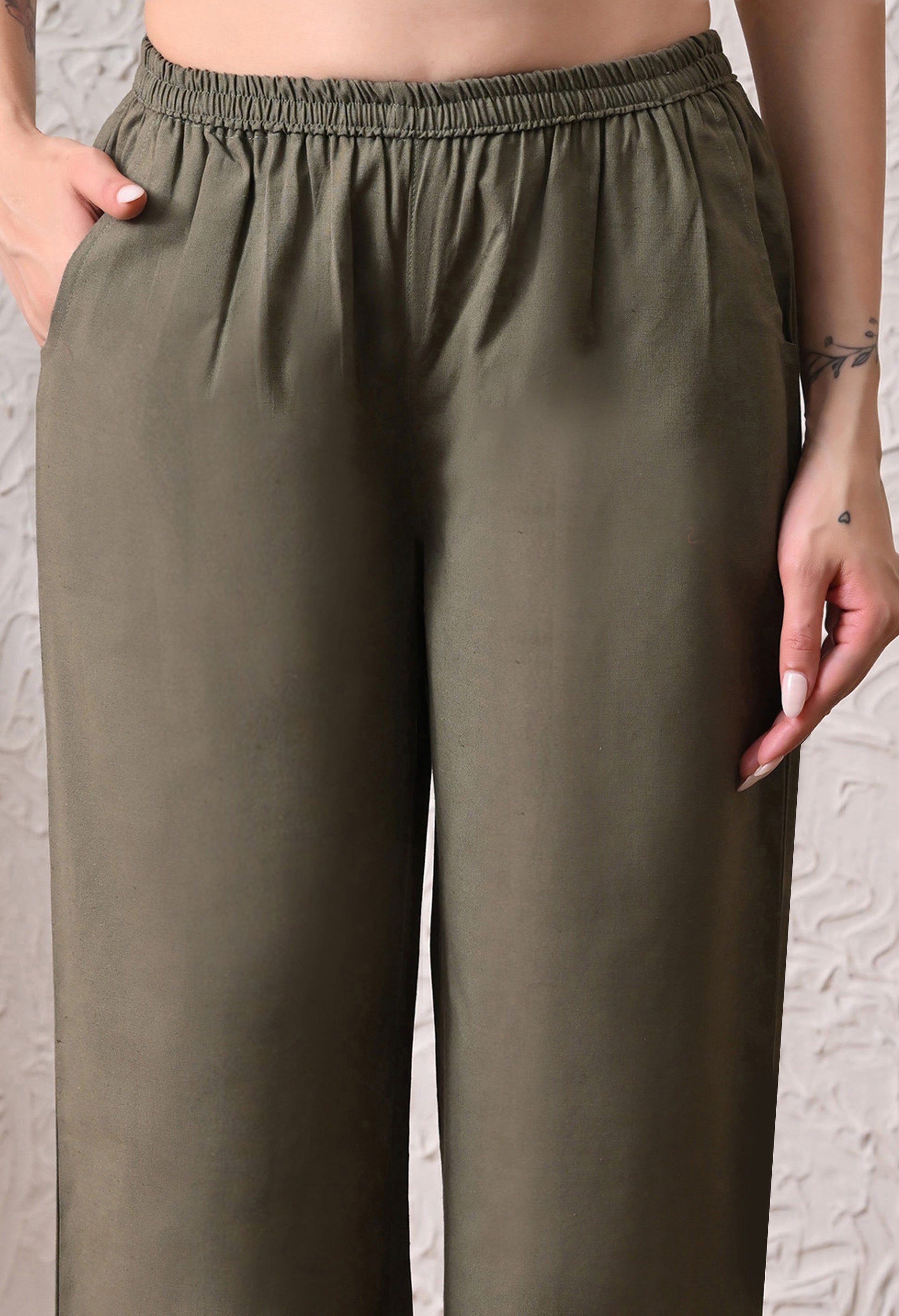 Olive Green Solid Cotton Flex Nightsuit Set by Ameerah