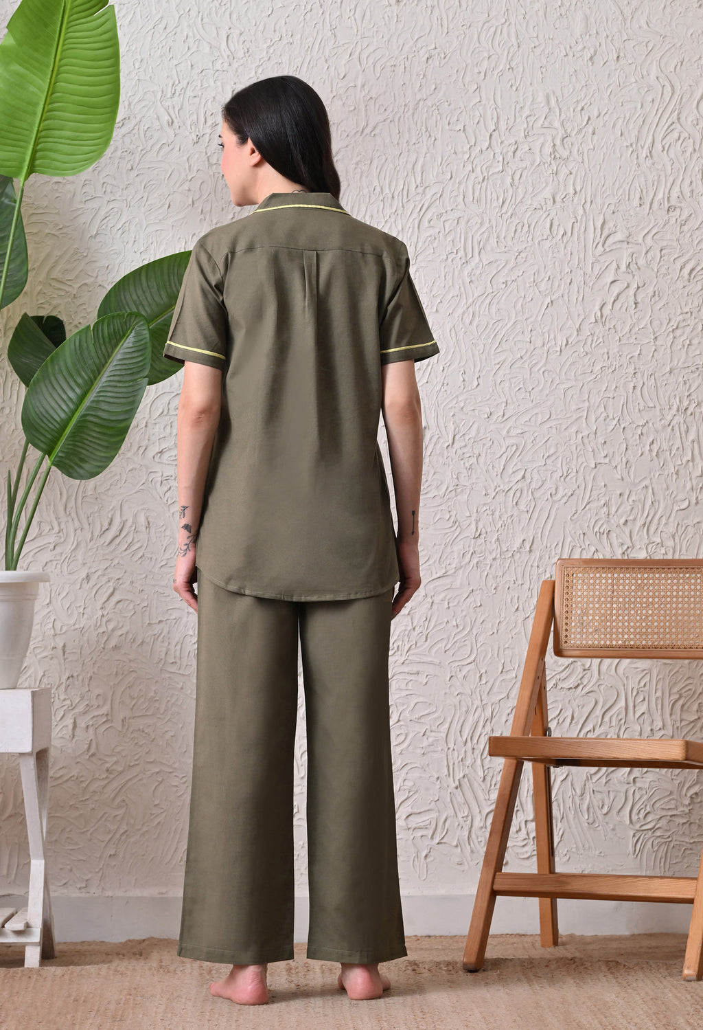 Olive Green Solid Cotton Flex Nightsuit Set by Ameerah