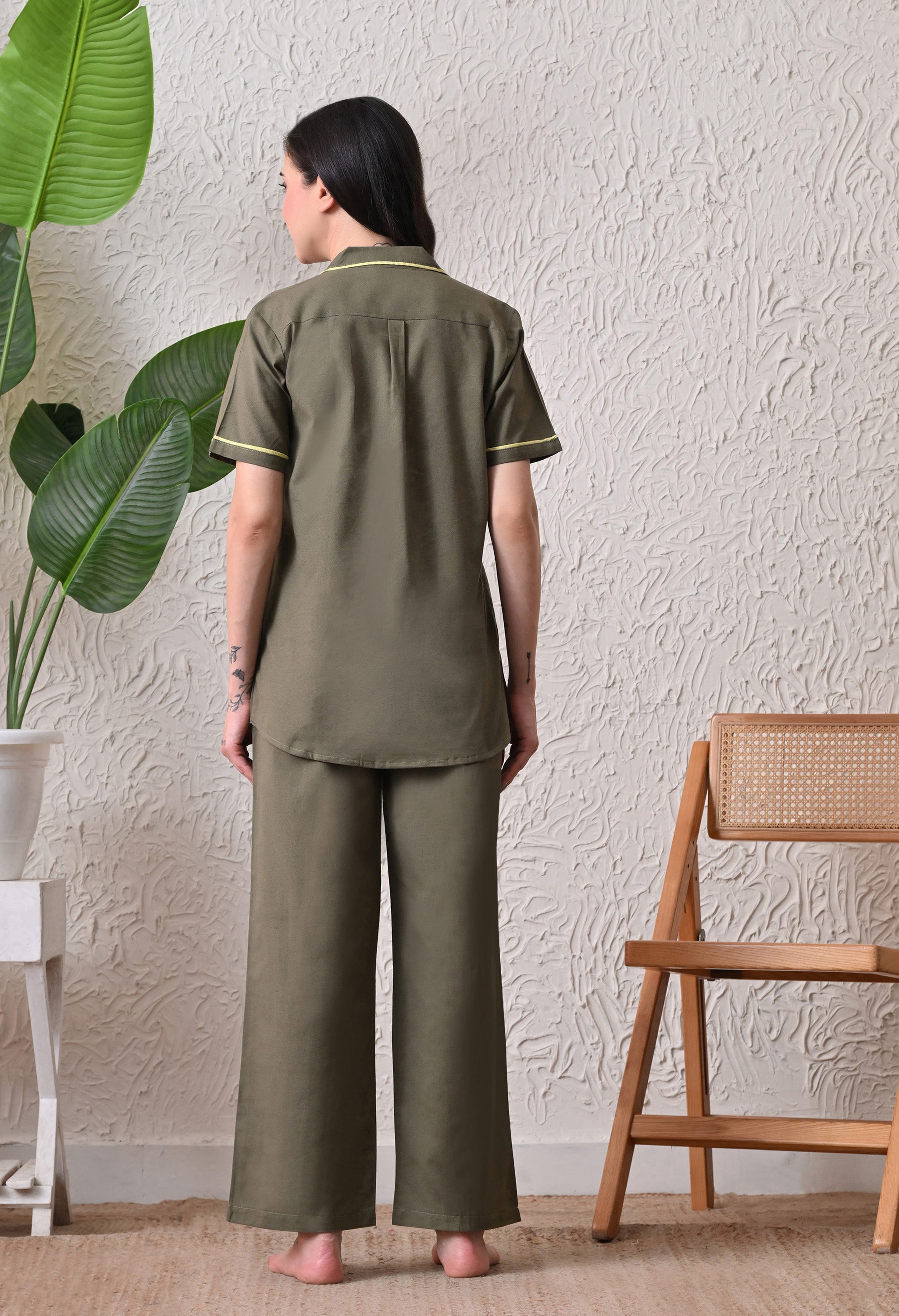 Olive Green Solid Cotton Flex Nightsuit Set by Ameerah