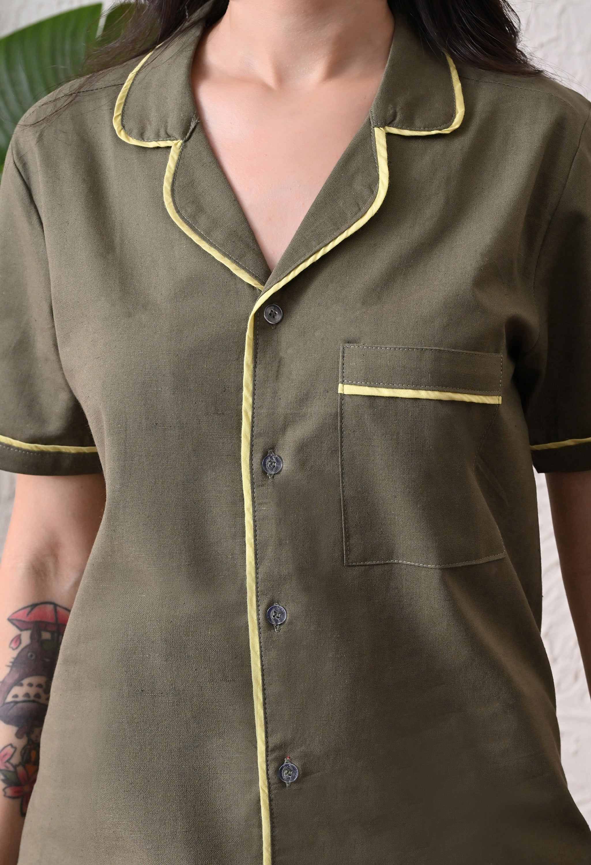 Olive Green Solid Cotton Flex Nightsuit Set by Ameerah