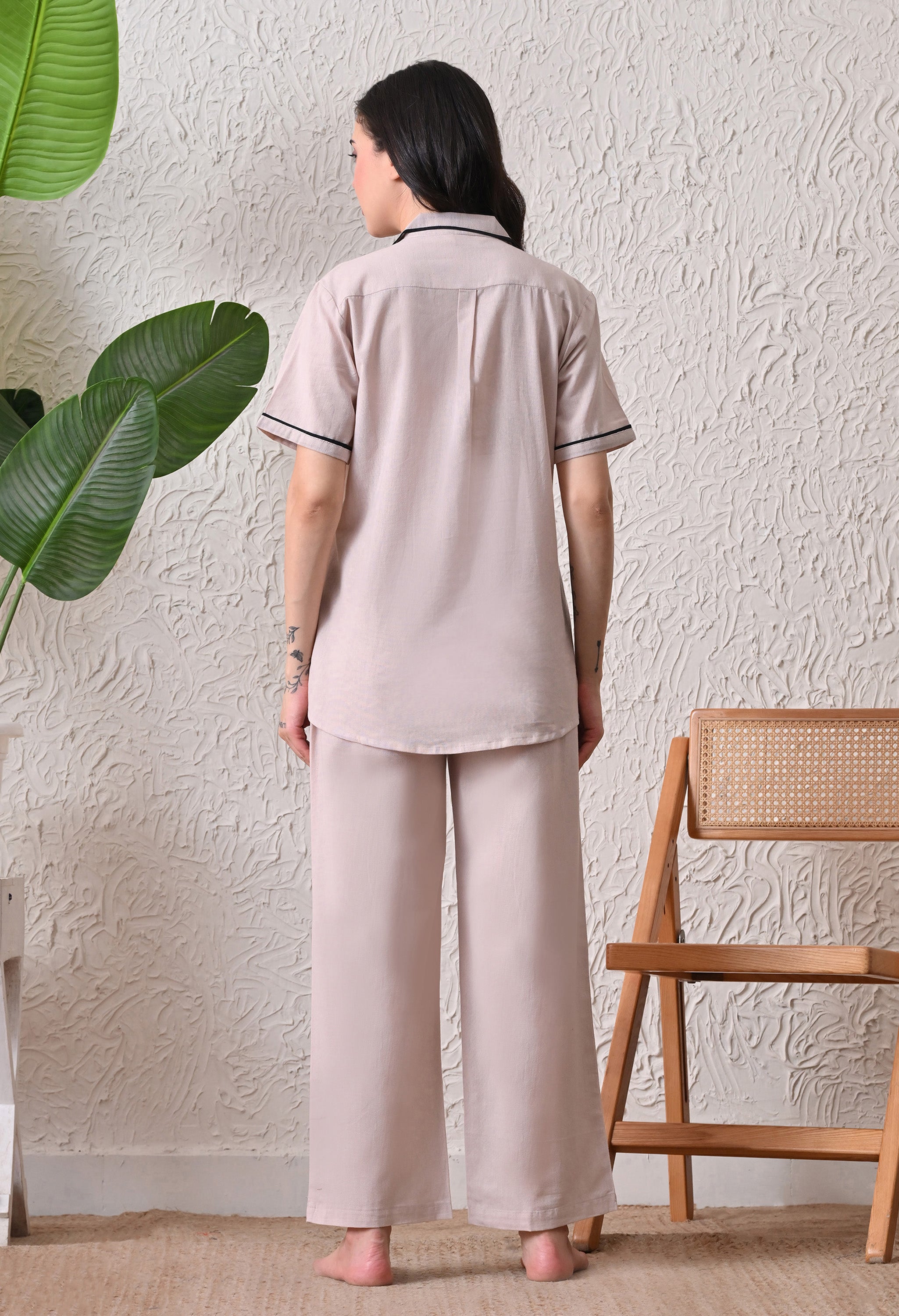 Elegent Beige Solid Cotton Flex Nightsuit Set by Ameerah
