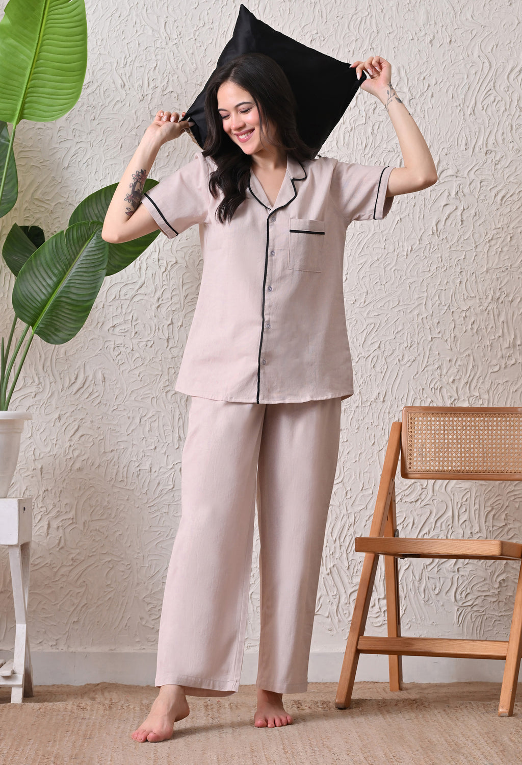 Elegent Beige Solid Cotton Flex Nightsuit Set by Ameerah