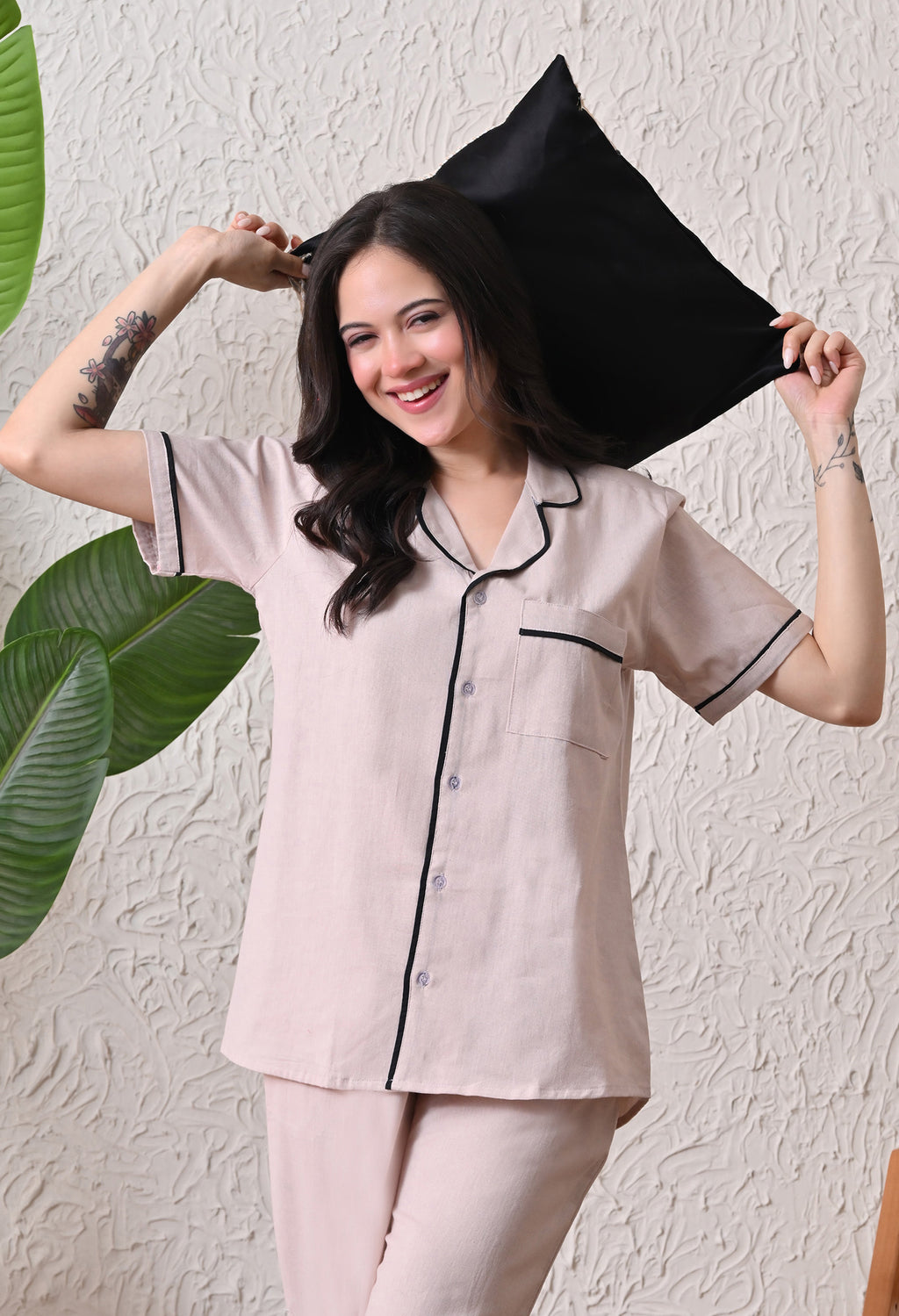 Elegent Beige Solid Cotton Flex Nightsuit Set by Ameerah