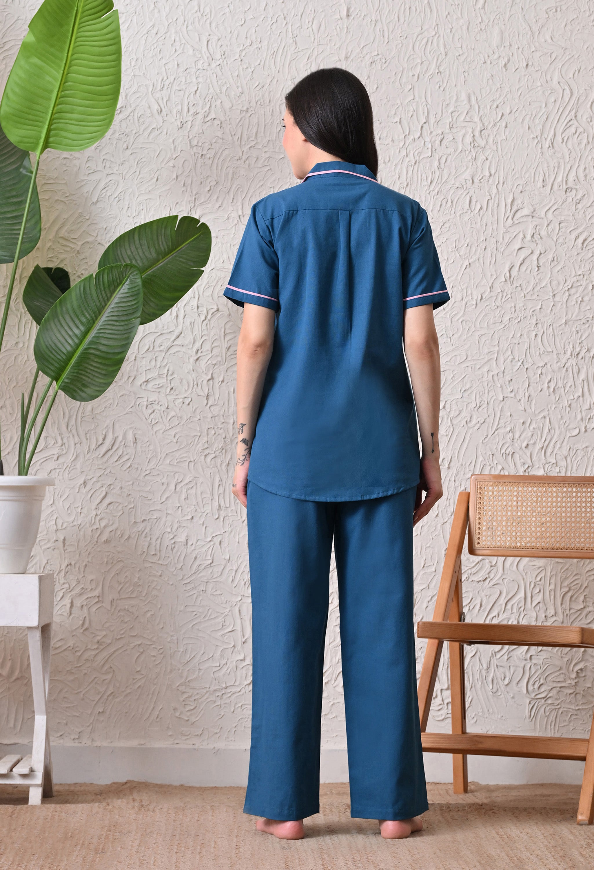 Deep Blue Solid Cotton Flex Nightsuit Set by Ameerah