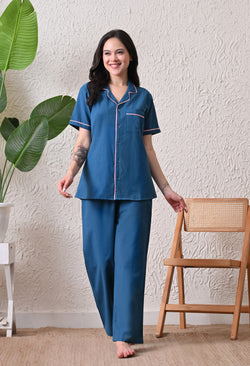 Deep Blue Solid Cotton Flex Nightsuit Set by Ameerah