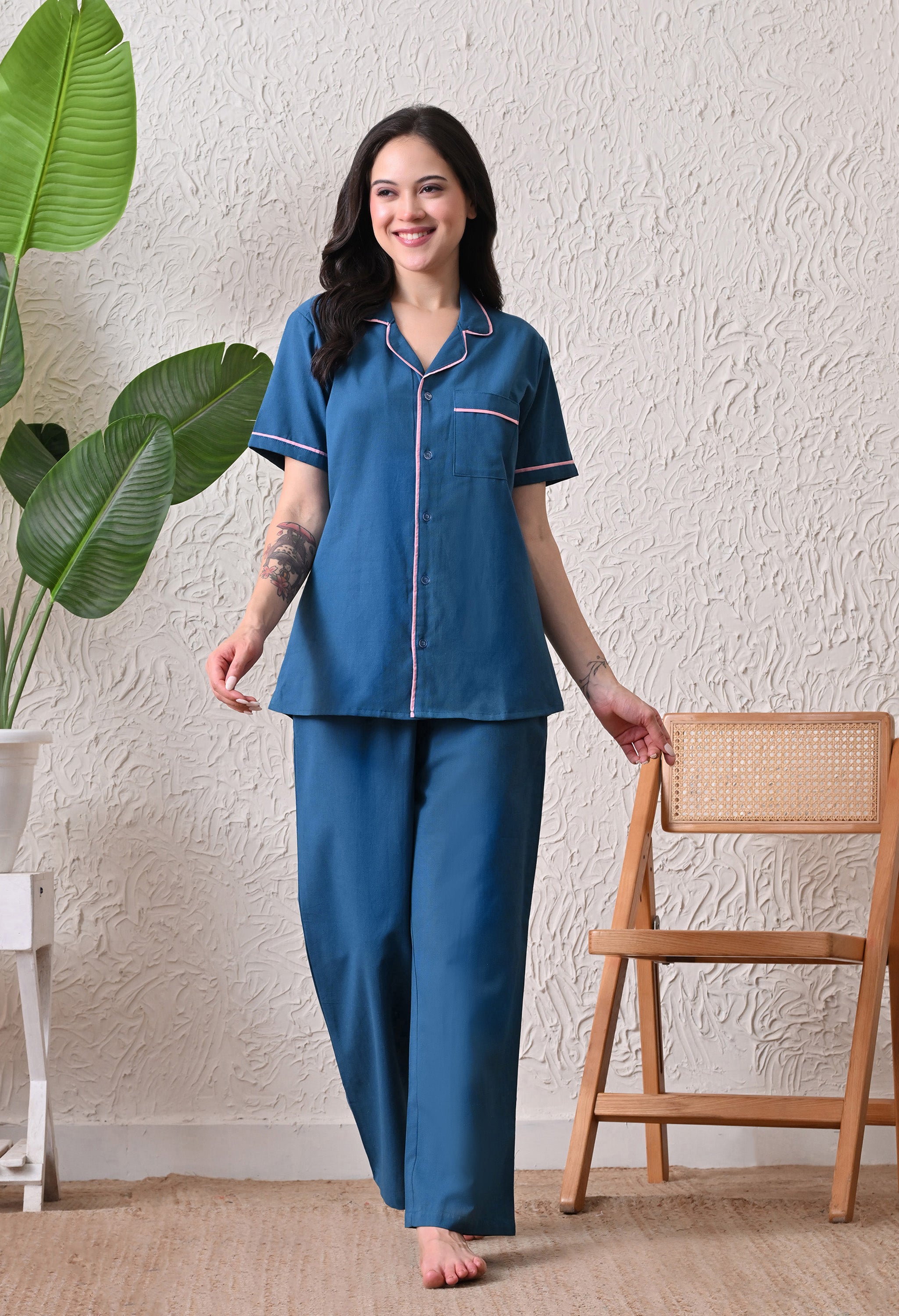 Deep Blue Solid Cotton Flex Nightsuit Set by Ameerah