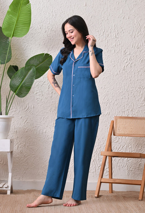 Deep Blue Solid Cotton Flex Nightsuit Set by Ameerah