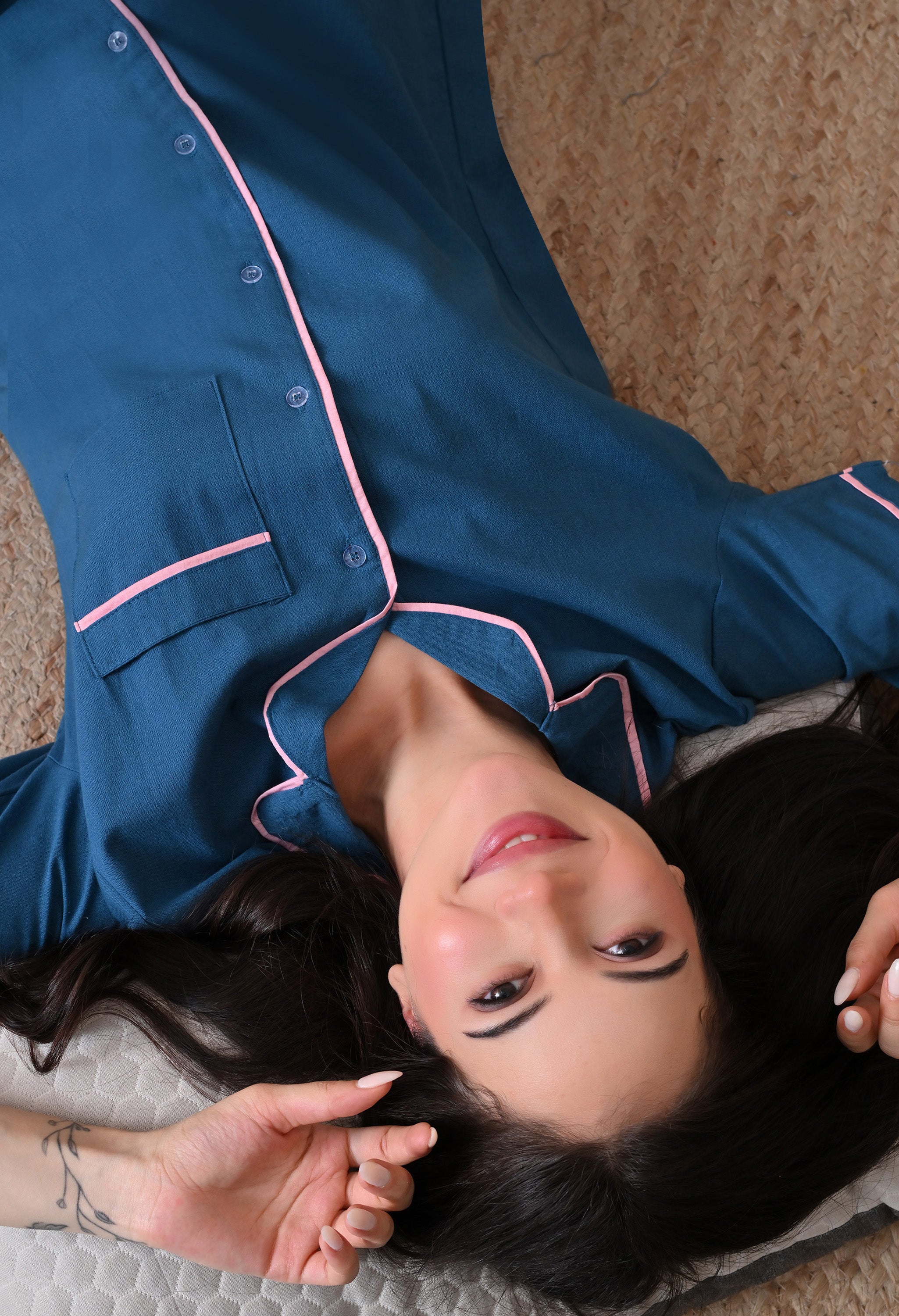 Deep Blue Solid Cotton Flex Nightsuit Set by Ameerah