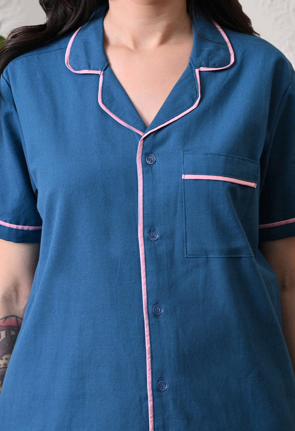 Deep Blue Solid Cotton Flex Nightsuit Set by Ameerah