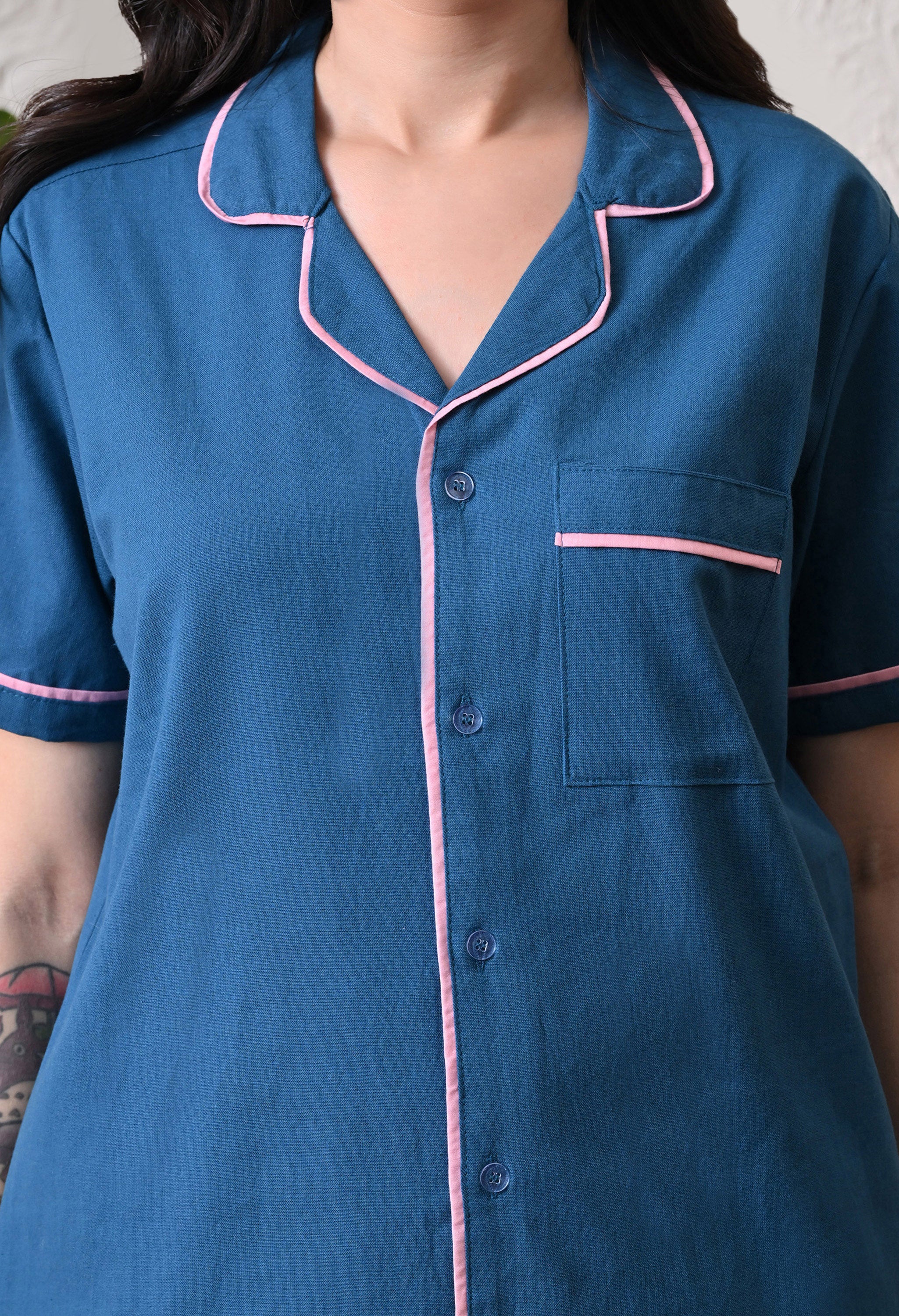 Deep Blue Solid Cotton Flex Nightsuit Set by Ameerah