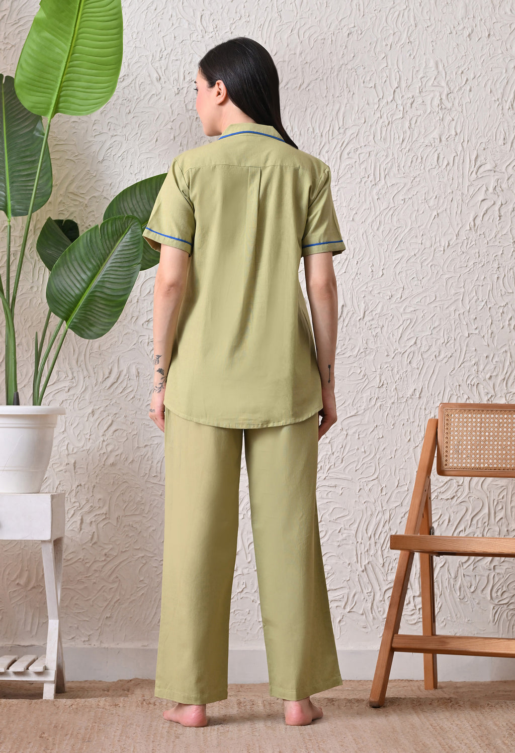 Sage Green Solid Cotton Flex Nightsuit Set by Ameerah
