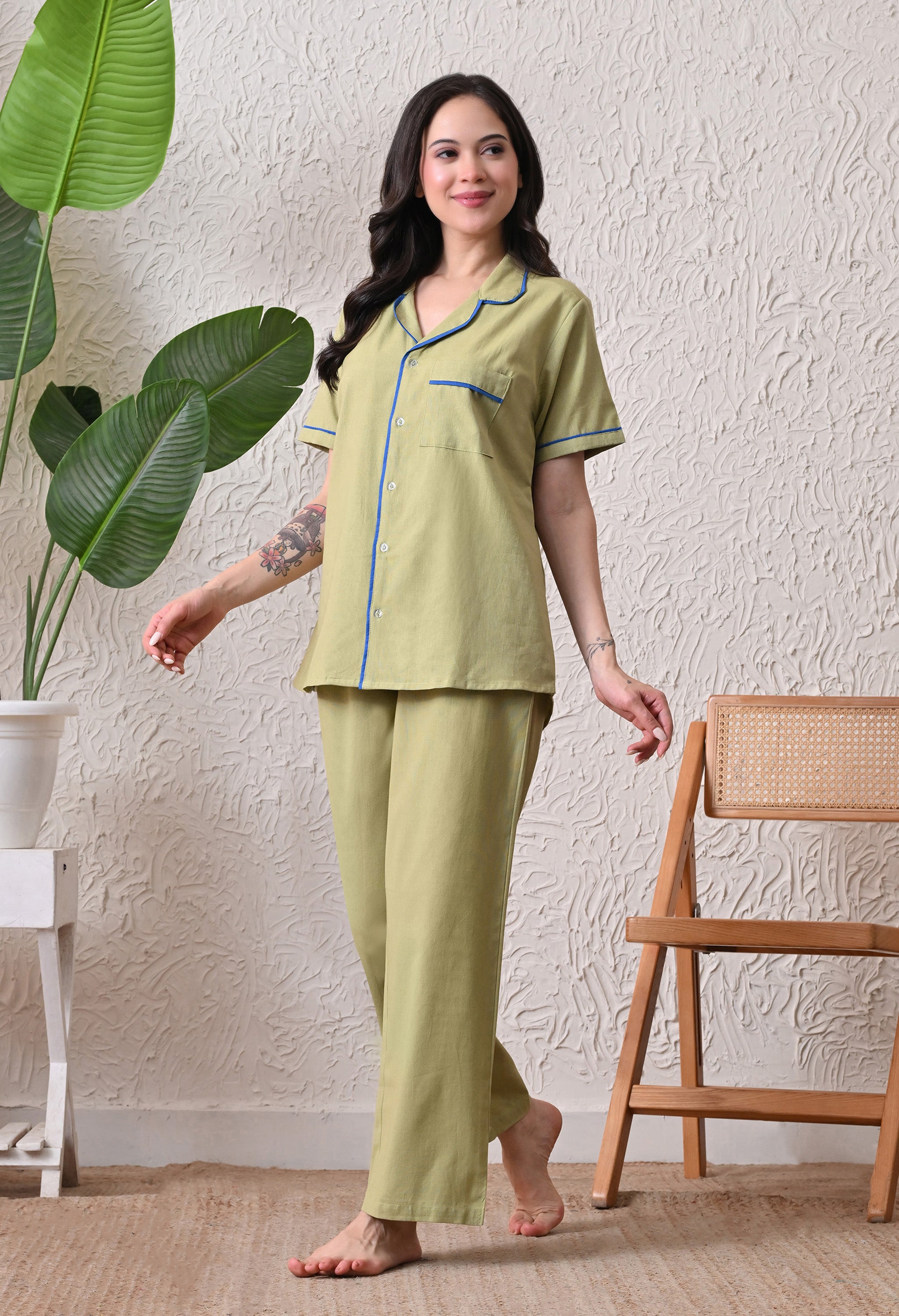 Sage Green Solid Cotton Flex Nightsuit Set by Ameerah