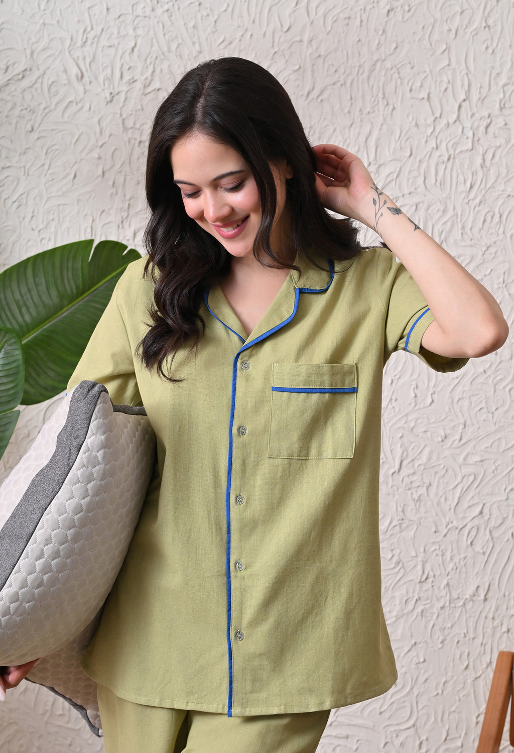 Sage Green Solid Cotton Flex Nightsuit Set by Ameerah