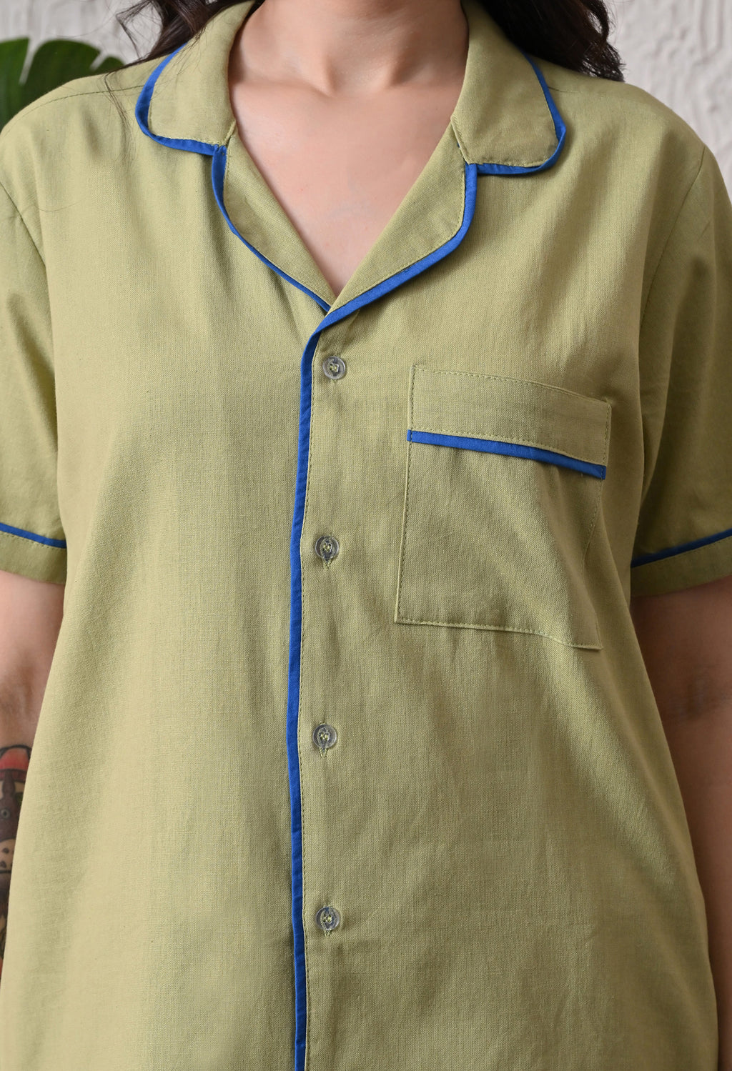 Sage Green Solid Cotton Flex Nightsuit Set by Ameerah