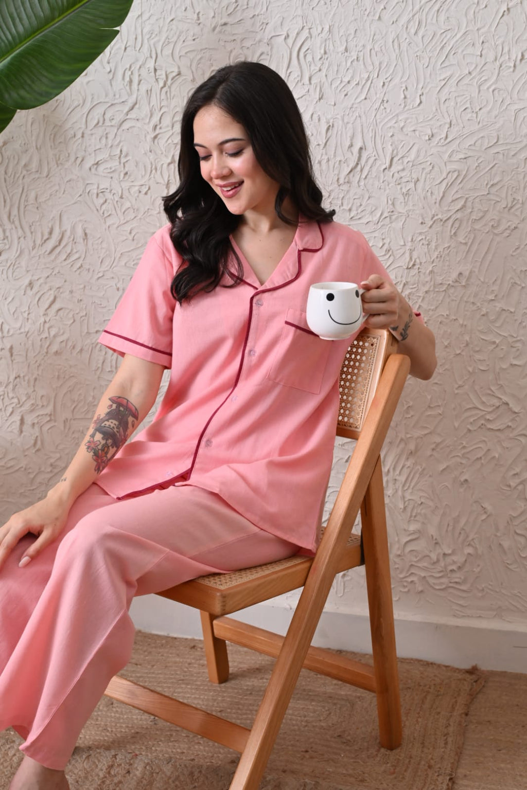 Blush Pink Solid Cotton Flex Nightsuit Set by Ameerah